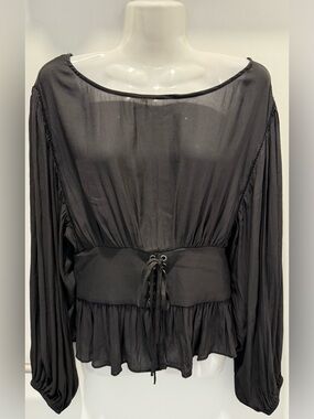 Forever 21 Sheer Black Peasant Blouse with Cinch Waist